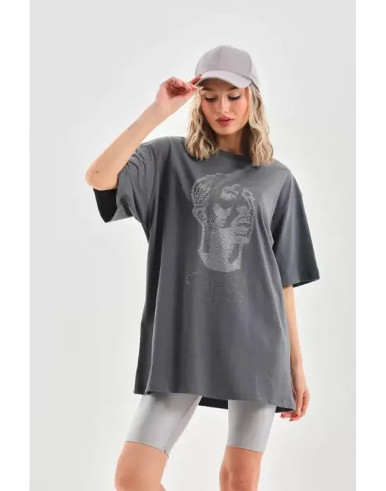 Omarı Oversize Taş Desenli Unisex T-Shirt - Füme