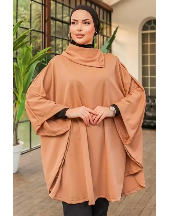 Omarı Şık Düğme Detaylı Bej Panço