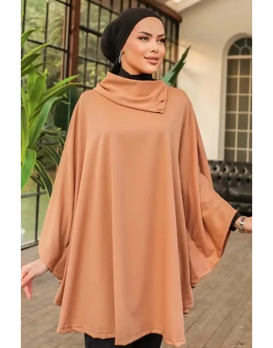 Omarı Şık Düğme Detaylı Bej Panço