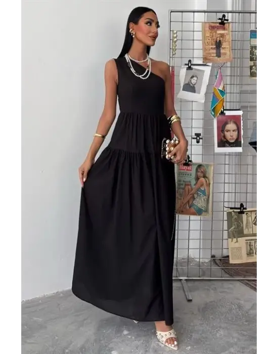 Omarı Zarif Tek Omuzlu Maxi Elbise