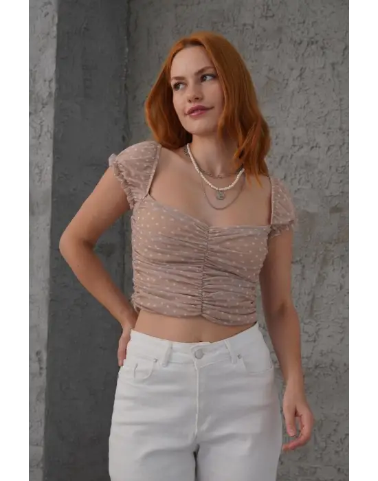 Omarı Efsane Belden Oturtmalı Tül Puantiyeli Krem Bluz