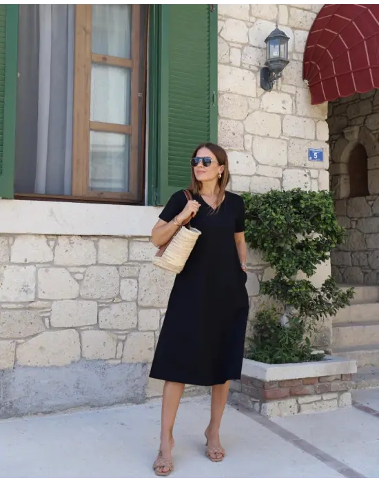 Omarı V Yaka Cepli A Kesim Kadın Elbise