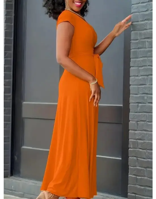 Omarı V Yakalı Belden Kuşaklı Maksi Boy Elbise