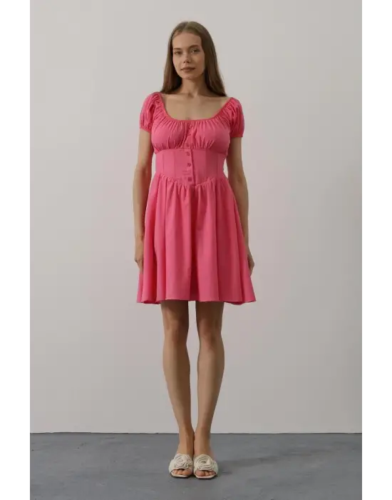 Omarı Şık ve Çekici Beli Korseli Mini Elbise - Fuşya