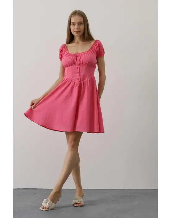 Omarı Şık ve Çekici Beli Korseli Mini Elbise - Fuşya