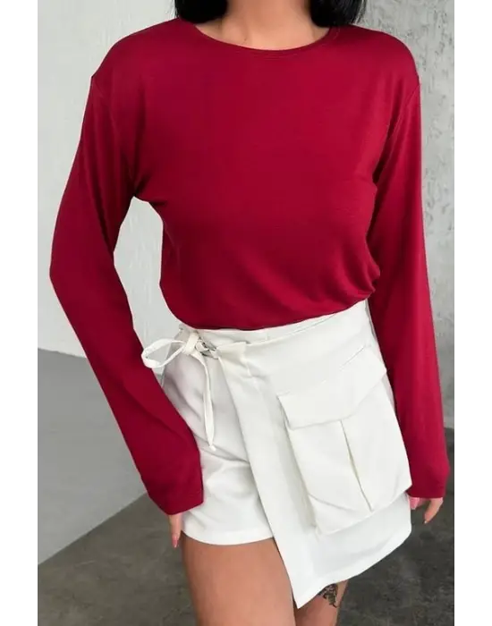 Omarı Şık Uzun Kollu Bisiklet Yaka Bordo Body