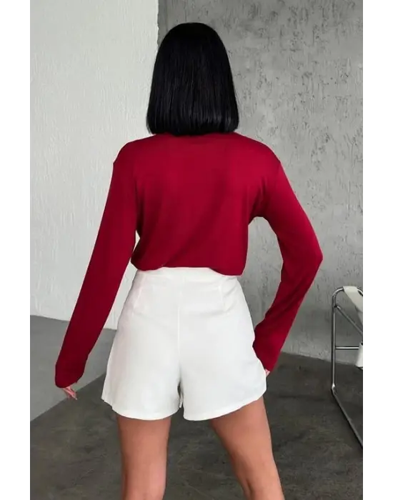 Omarı Şık Uzun Kollu Bisiklet Yaka Bordo Body