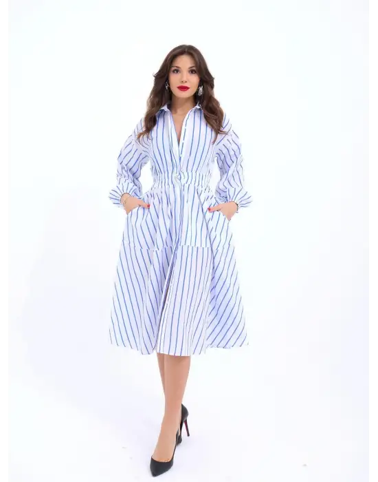 Omarı Çizgili Midi Elbise - Yazın Şıklığı