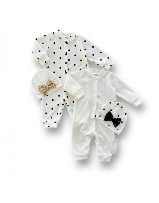 Omarı Puantiyeli Payet Detaylı Bebek Tulum Kombini Beyaz