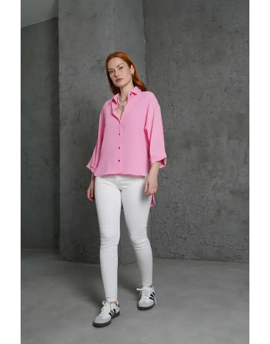 Omarı Şık ve Fonksiyonel Kol Detaylı Pembe Gömlek
