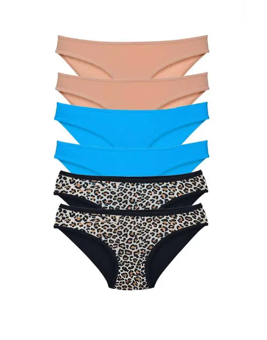 Omarı Likralı Kadın Slip Külot Leopar Desenli Mavi