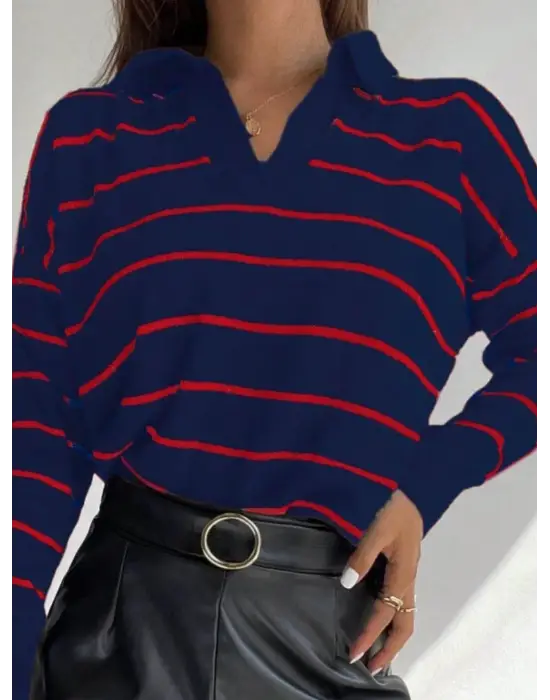 Omarı Şık Çizgili V Yaka Triko Bluz