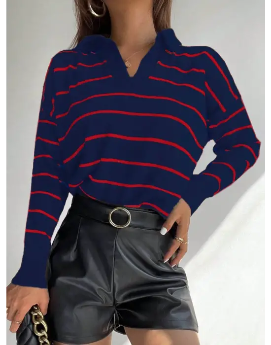 Omarı Şık Çizgili V Yaka Triko Bluz