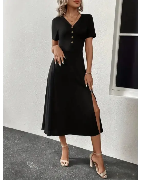 Omarı Şık Kadın V Yakalı Midi Elbise