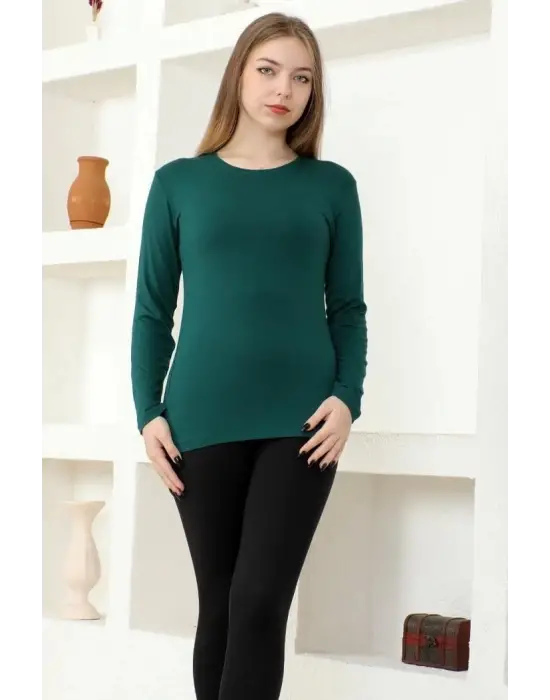 Omarı Şık Ve Konforlu Uzun Kollu Bisiklet Yaka Viskon Penye Body - Zümrüt Yeşili