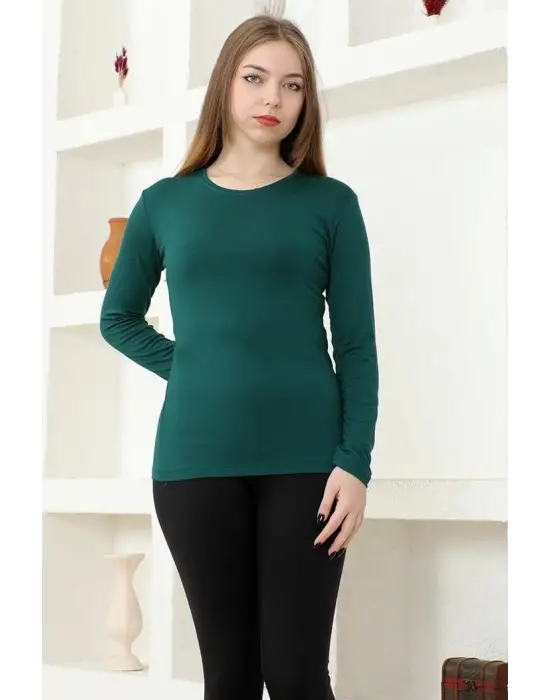 Omarı Şık Ve Konforlu Uzun Kollu Bisiklet Yaka Viskon Penye Body - Zümrüt Yeşili