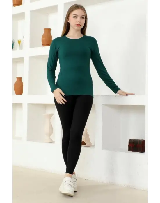 Omarı Şık Ve Konforlu Uzun Kollu Bisiklet Yaka Viskon Penye Body - Zümrüt Yeşili