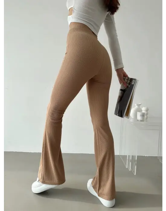 Omarı Yüksek Bel İspanyol Paça Fitilli Toparlayıcı Bej Tayt