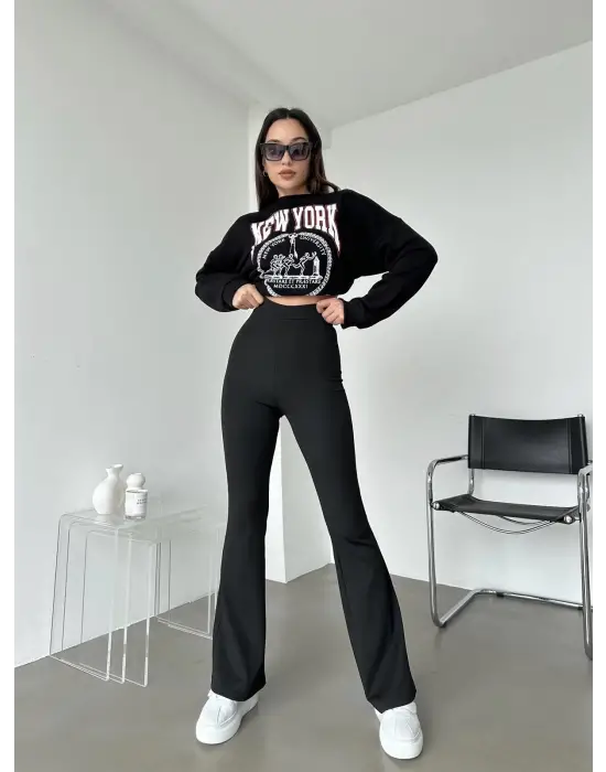 Omarı Şık Ve Rahat Yüksek Bel Fitilli Siyah Tayt