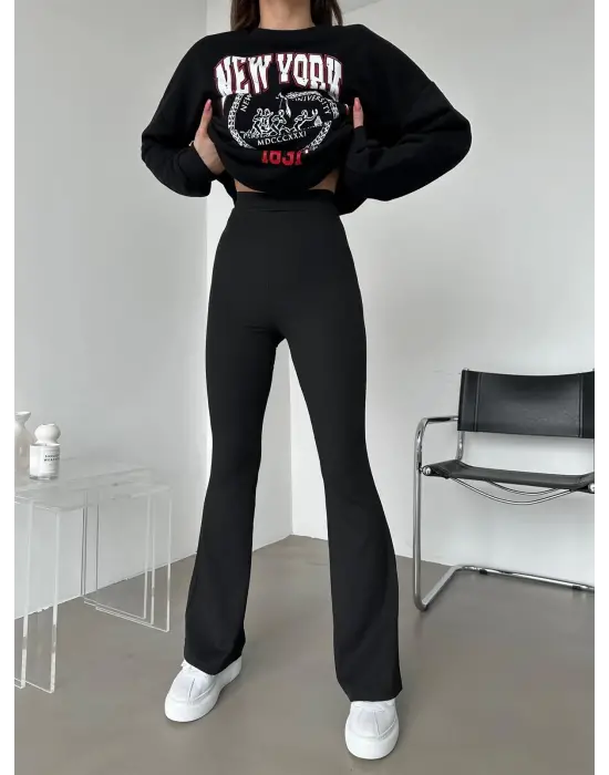 Omarı Şık Ve Rahat Yüksek Bel Fitilli Siyah Tayt