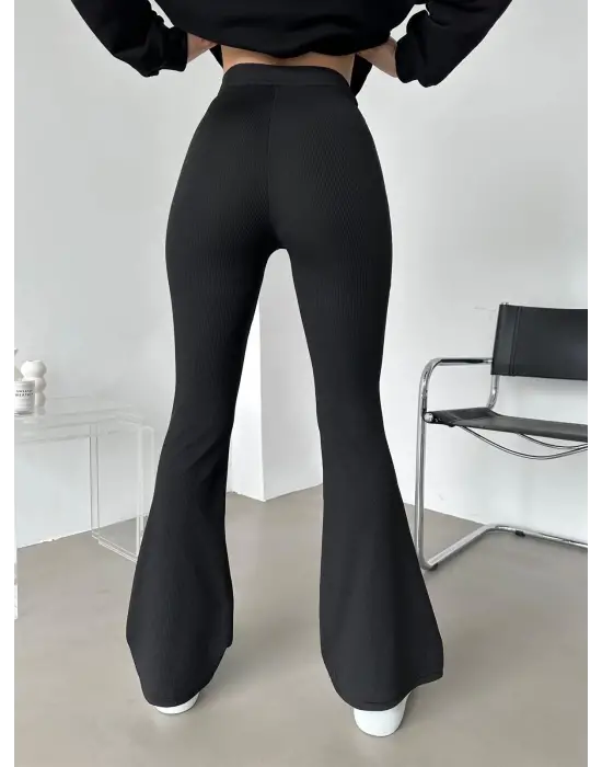 Omarı Şık Ve Rahat Yüksek Bel Fitilli Siyah Tayt