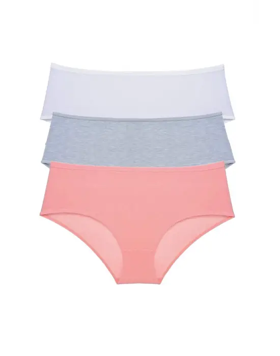 Omarı Yüksek Bel Kadın Bato Külot Seti - 3 Parça - Beyaz Gri Pudra