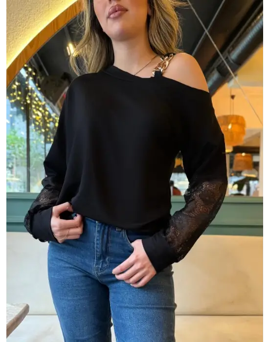 Omarı Tek Omuzlu Dantel Detaylı Uzun Kollu Kadın Bluzu