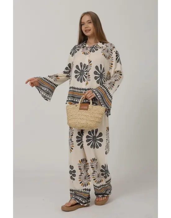 Omarı Volan Detaylı Desenli Pantolon Takım - Antrasit