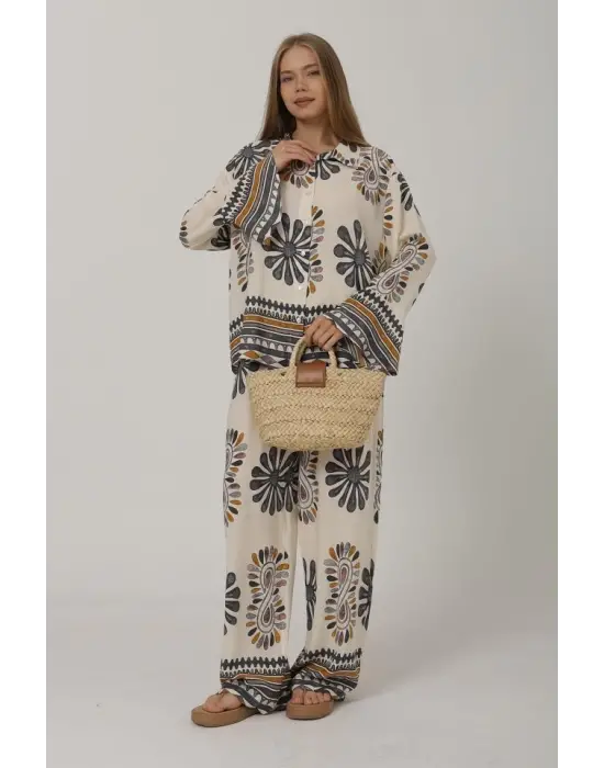 Omarı Volan Detaylı Desenli Pantolon Takım - Antrasit