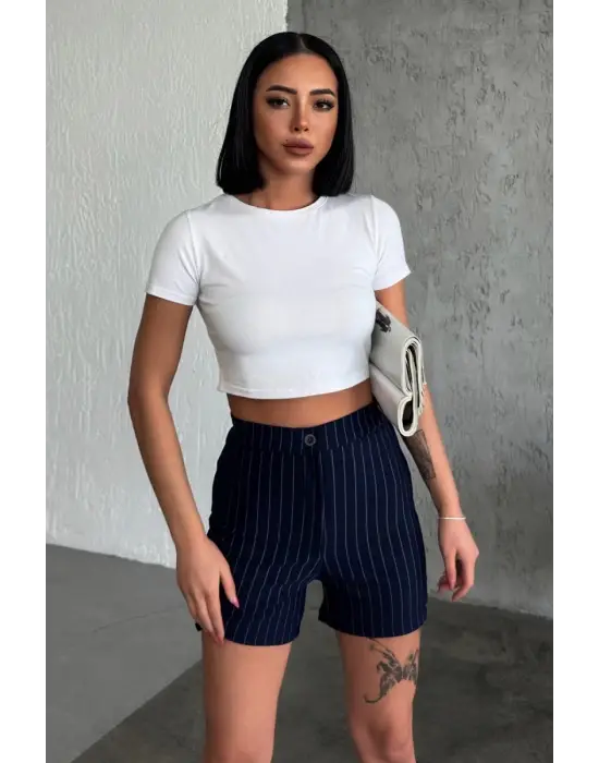 Omarı Yüksek Bel Esnek Çizgili Şort Lacivert