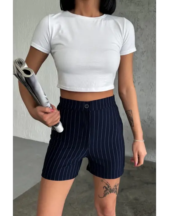 Omarı Yüksek Bel Esnek Çizgili Şort Lacivert