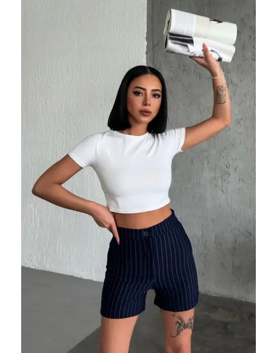 Omarı Yüksek Bel Esnek Çizgili Şort Lacivert