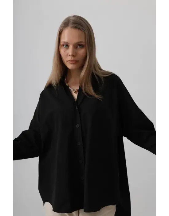Omarı Şık ve Modern Manşet Detaylı Siyah Gömlek