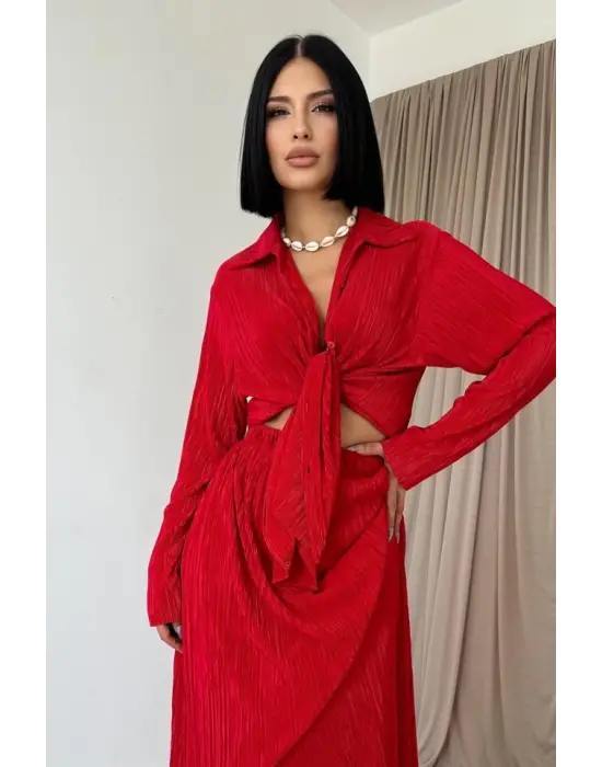 Omarı Kırmızı Uzun Etek ve Gömlek Takımı