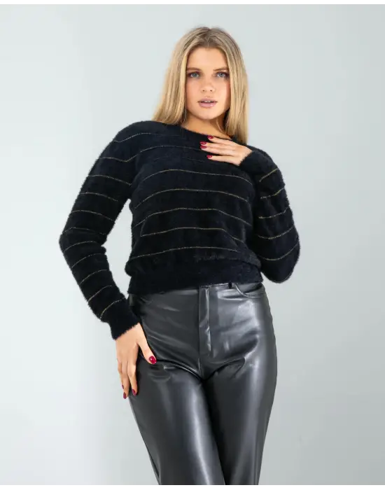 Omarı Siyah Triko Sim Şeritli Moda Trendi