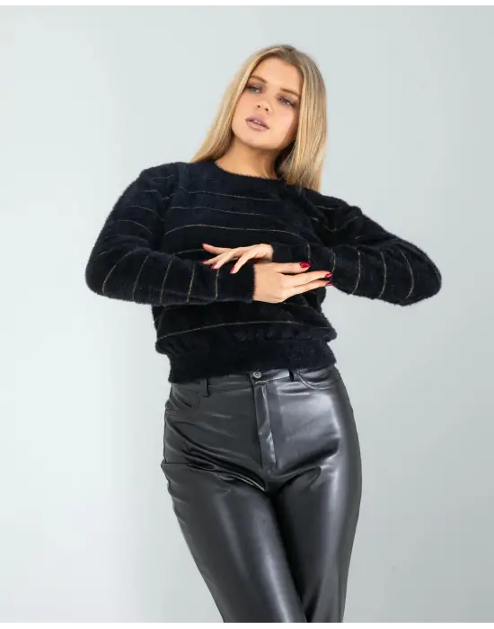 Omarı Siyah Triko Sim Şeritli Moda Trendi