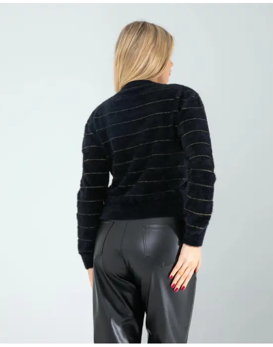 Omarı Siyah Triko Sim Şeritli Moda Trendi