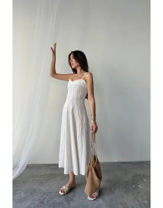 Omarı Şık ve Zarif Simli Çizgili Midi Boy Elbise - Kahverengi