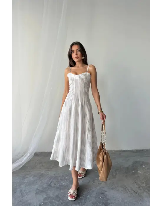 Omarı Şık ve Zarif Simli Çizgili Midi Boy Elbise - Kahverengi