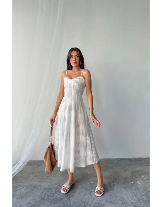 Omarı Şık ve Zarif Simli Çizgili Midi Boy Elbise - Kahverengi