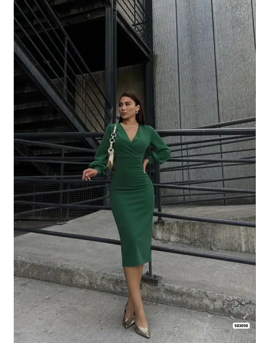 Omarı Simli Krep Kumaş Midi Boy Elbise