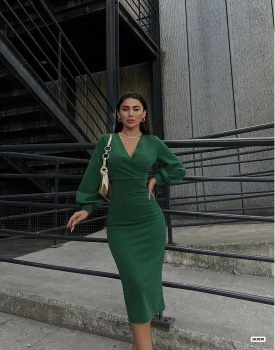 Omarı Simli Krep Kumaş Midi Boy Elbise