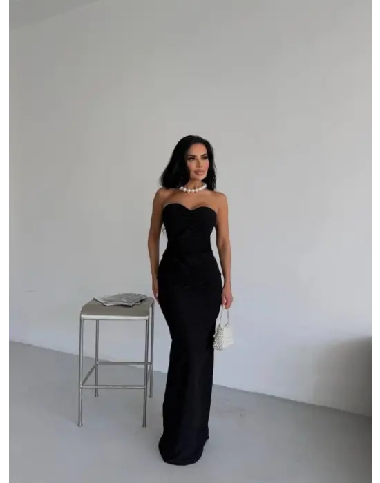 Omarı Lüks Simli Straplez Uzun Elbise