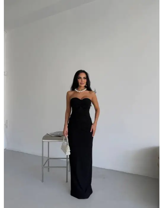 Omarı Lüks Simli Straplez Uzun Elbise