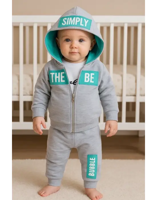 Simply Desenli Kapişonlu 3lü Erkek Bebek Takımı