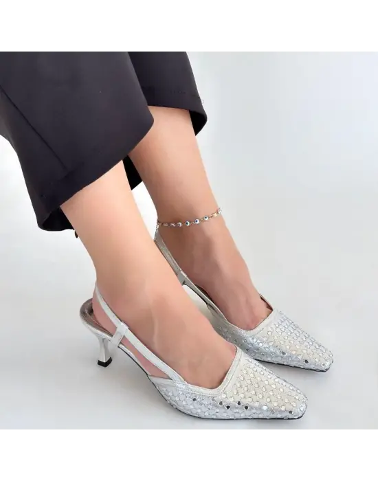 Sione Gümüş Cilt Topuklu Ayakkabı