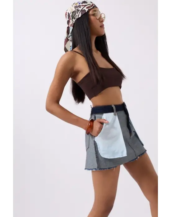 Omarı Ters Detaylı Denim Mini Etek