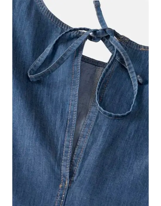 Omarı Tensel Kumaştan Sırtı Bağcıklı Elbise