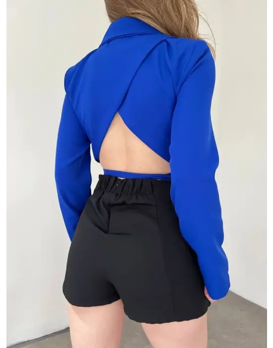 Sırt Dekolteli Beli Bağcıklı Crop Ceket -Saks
