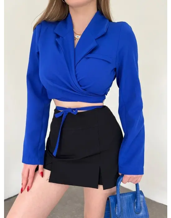 Sırt Dekolteli Beli Bağcıklı Crop Ceket -Saks